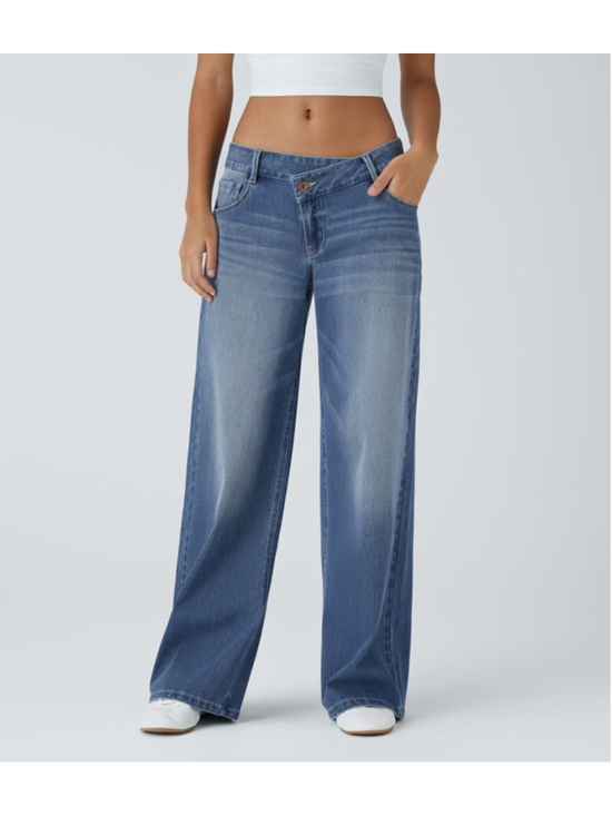 Halara Denim - Halara Flex™ Asymmetric Low Rise Wide Leg Blue Jeans Size Medium